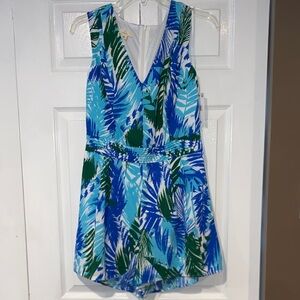 I.N. San Francisco Blue & Green Tropical Leaf Romper with Braided Waist